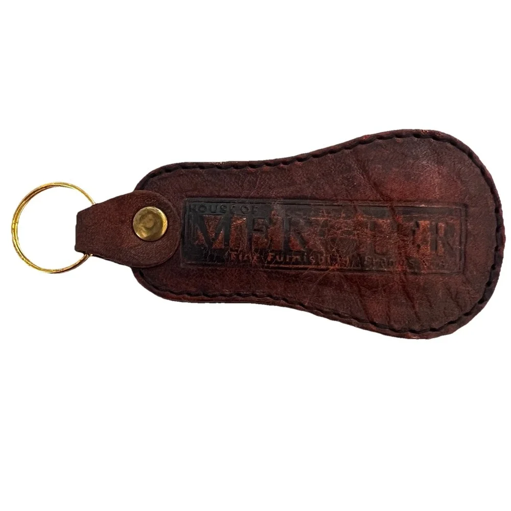 Vintage HOUSE OF MERGLER Genuine Leather Keychain Pendant Brown Bag Charm Ohio - Picture 2 of 7